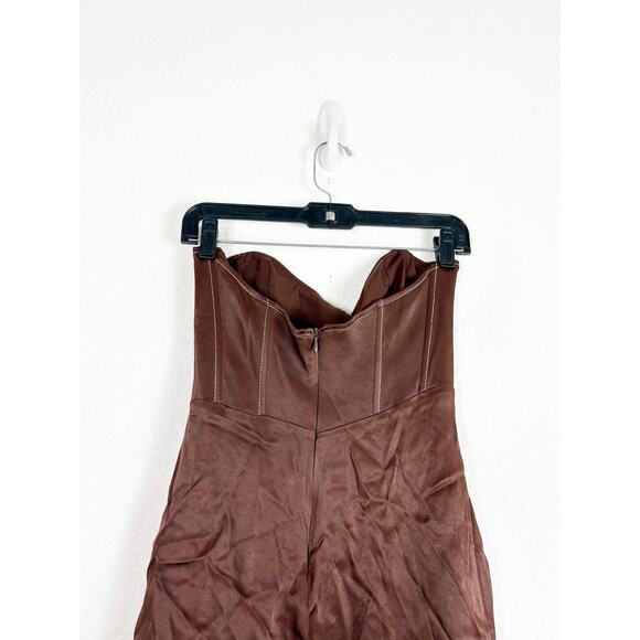 Zara Brown TopStitch Strapless Satin Draped Mini Dress Size Large Corset Bustier - Picture 14 of 15